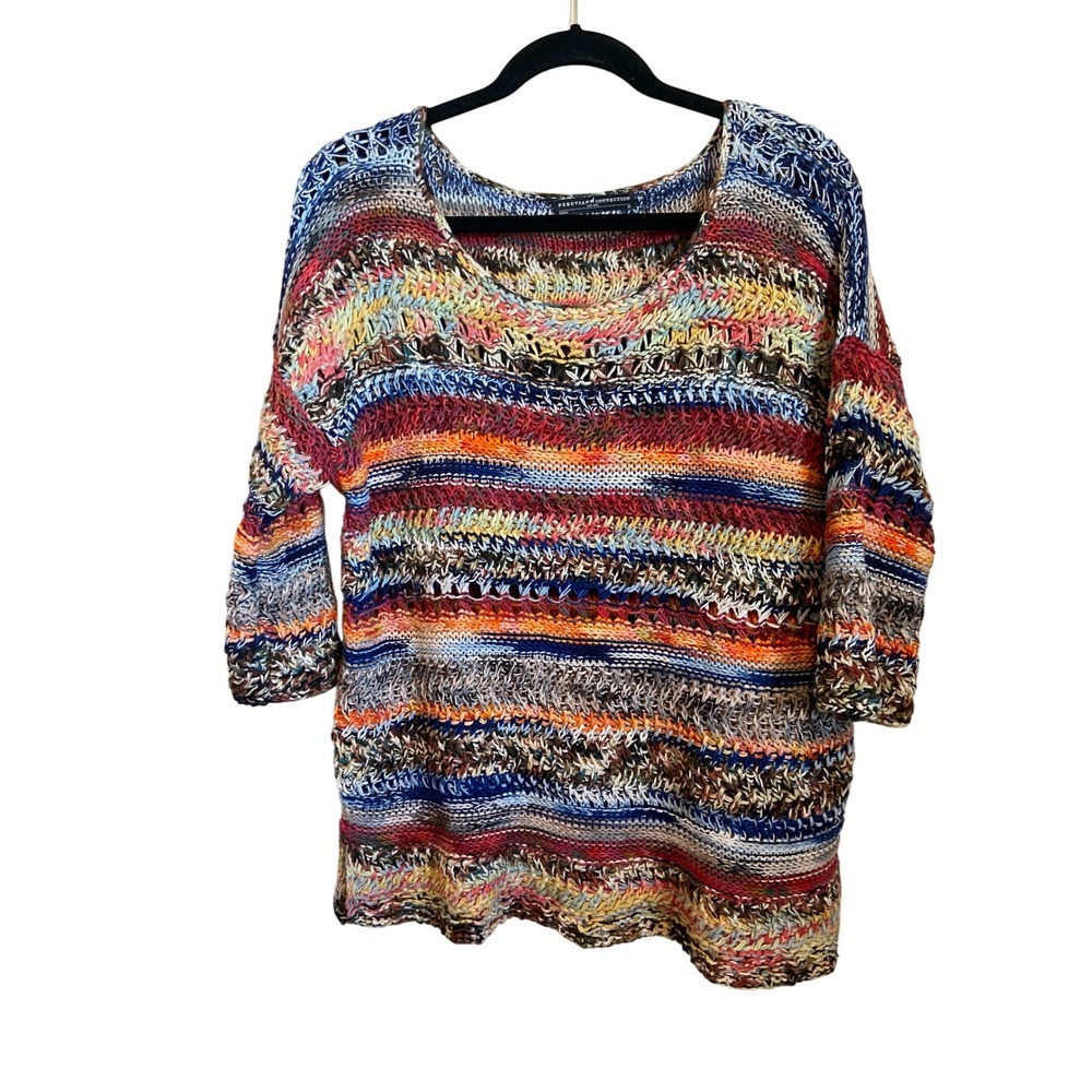 Peruvian Connection Womens‎ Medium Multicolor Cotton Open Knit Striped Sweater